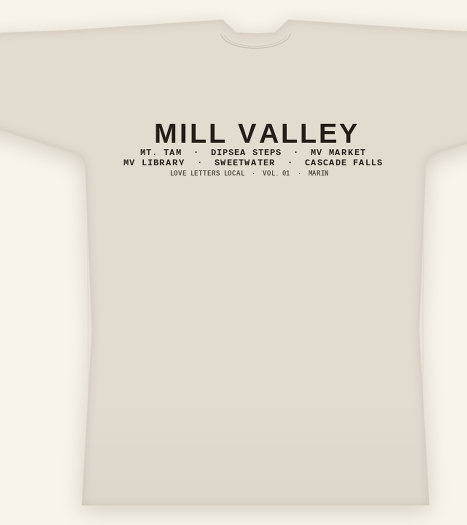 Mill Valley love letter tee, back view with six landmarks