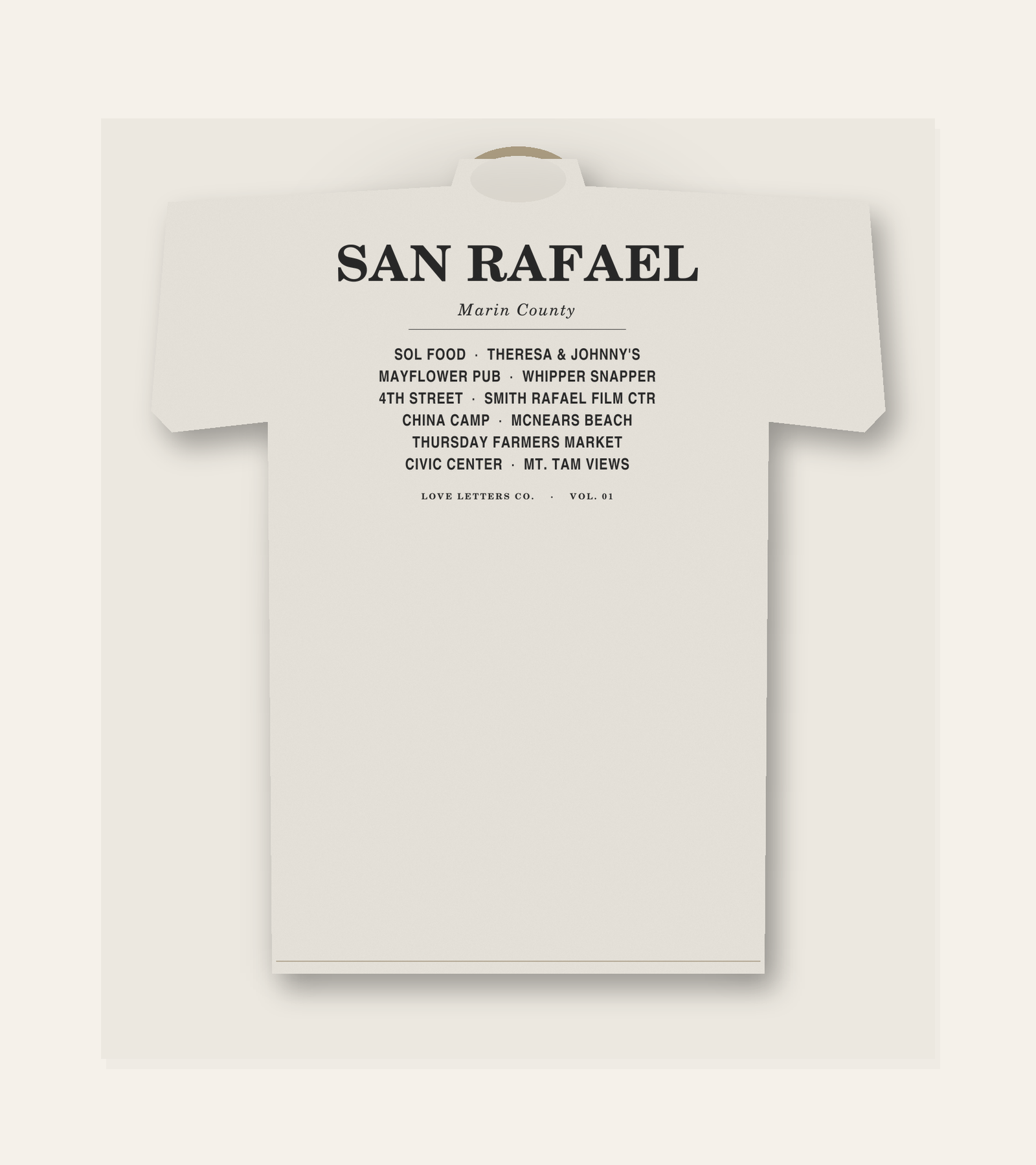 San Rafael love letter tee, back view with six landmarks