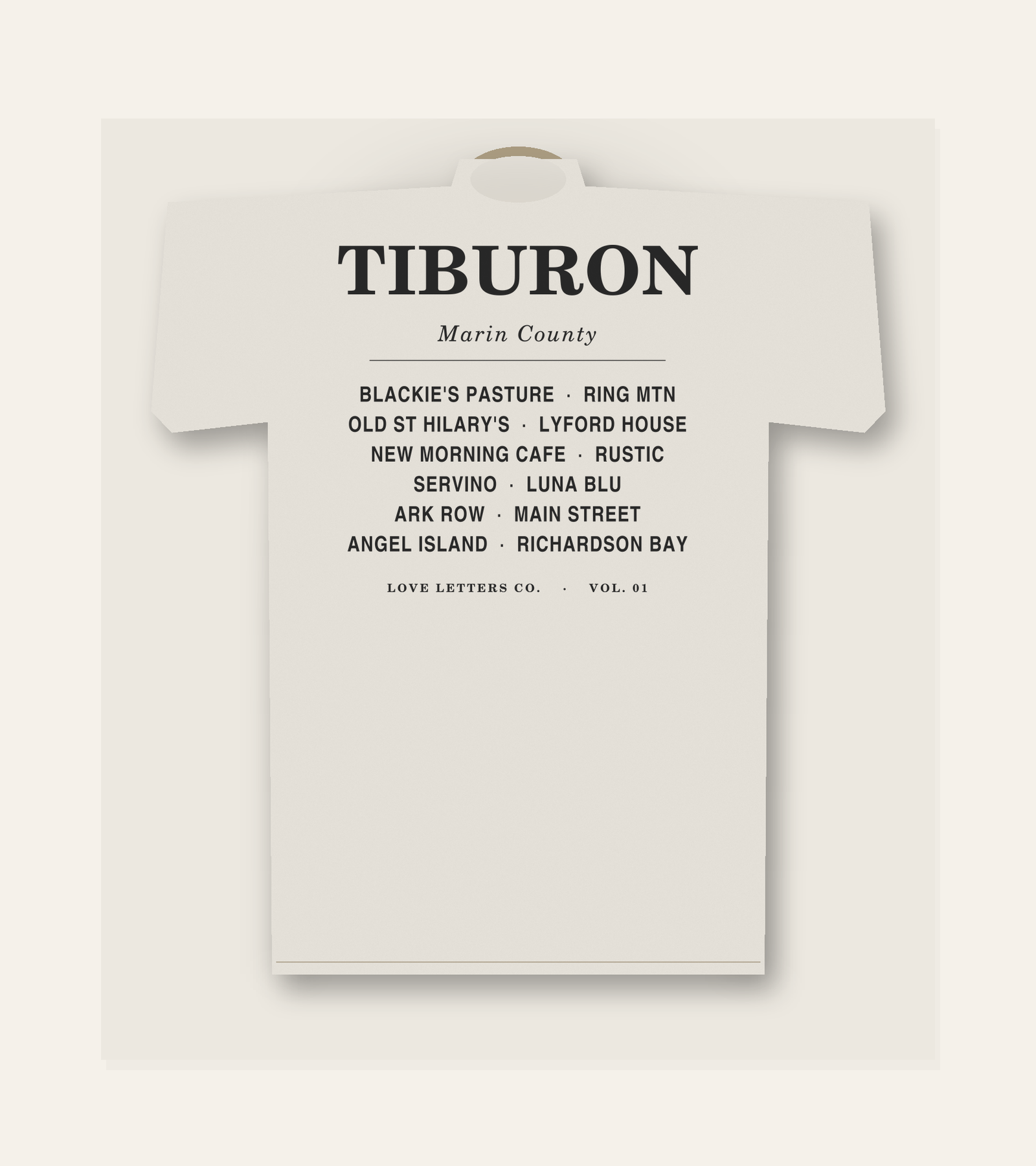 Tiburon love letter tee, back view with six landmarks