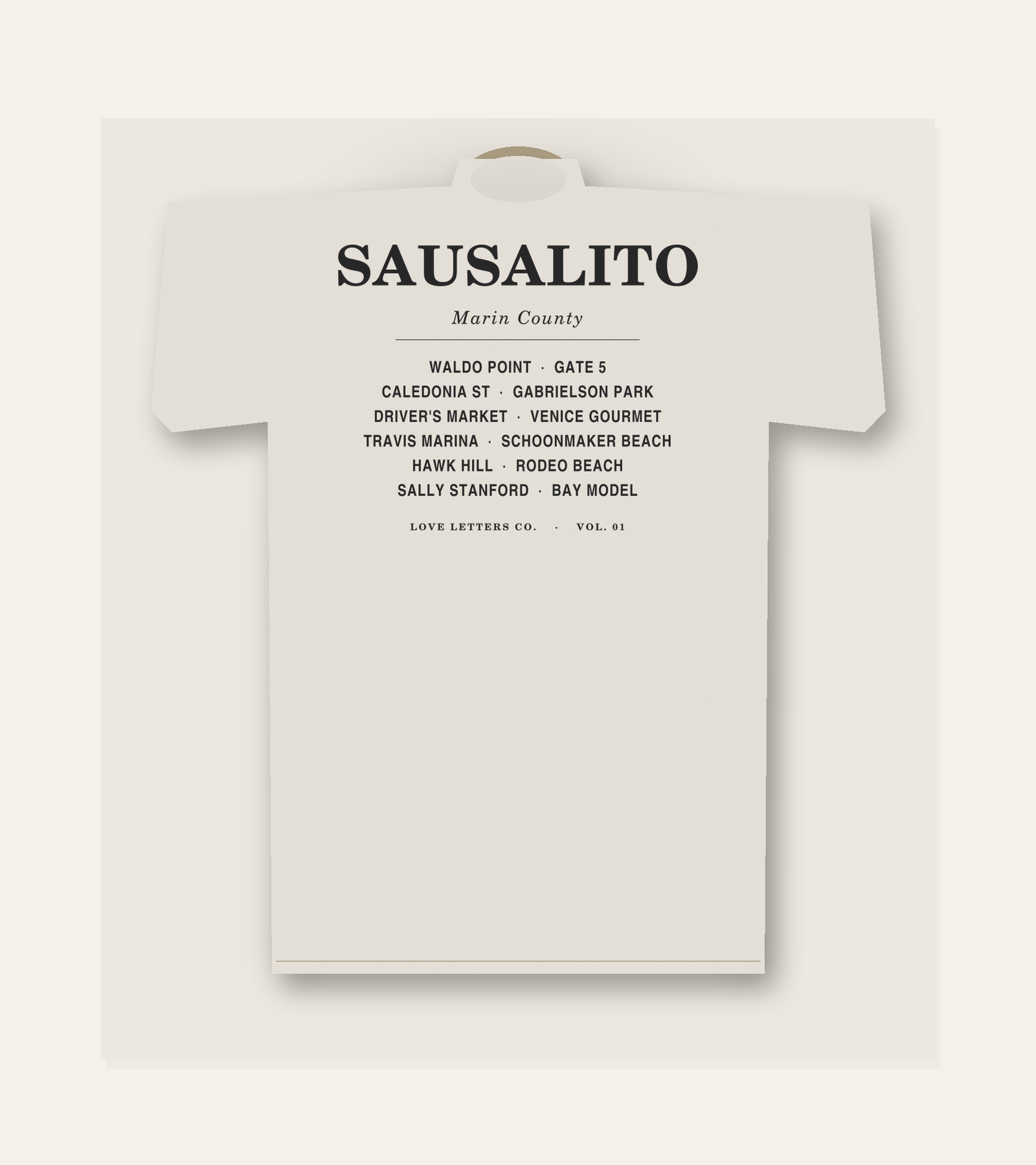 Sausalito love letter tee, back view with six landmarks