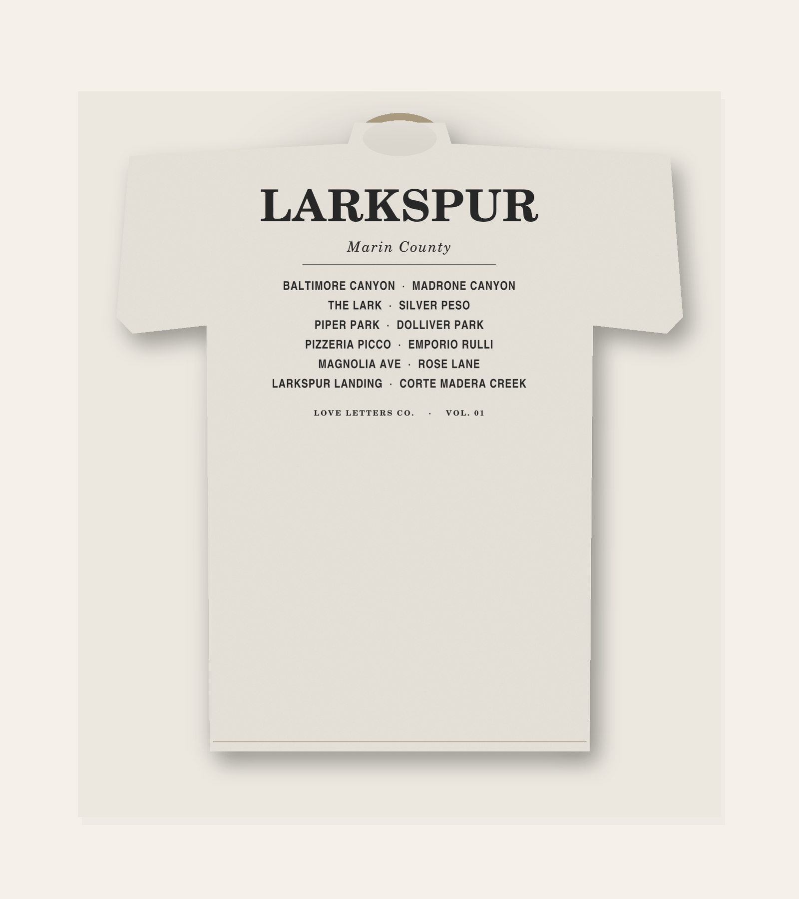 Larkspur love letter tee, back view with six landmarks